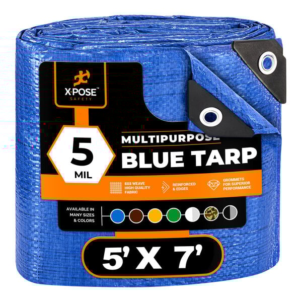 A blue Xpose Safety 5' x 7' weather-resistant polyethylene tarp with a black label.