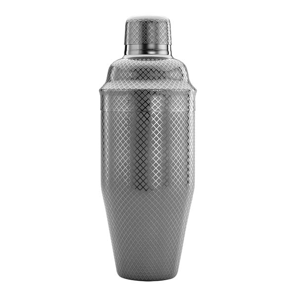 A silver Barfly cocktail shaker with a black lattice design on the lid.