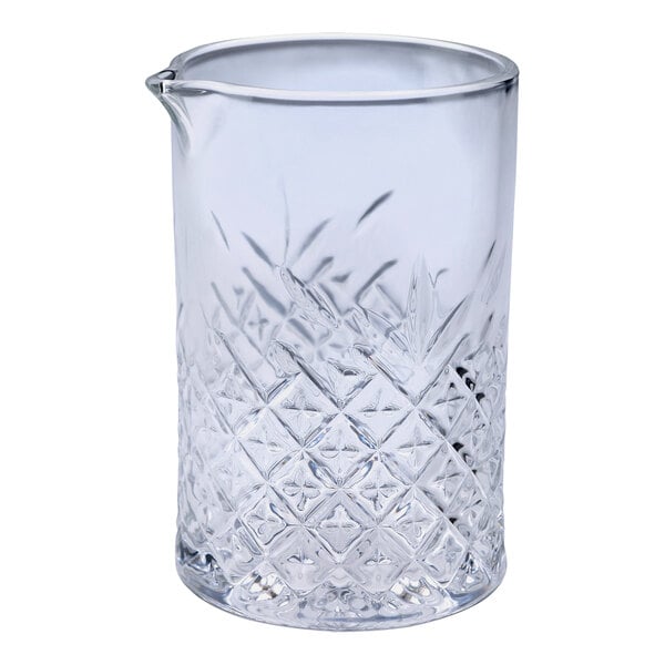 A Barfly clear glass stirring pitcher with a diamond pattern.