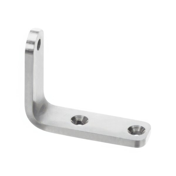 A silver metal Hoshizaki bottom door hinge corner with holes.