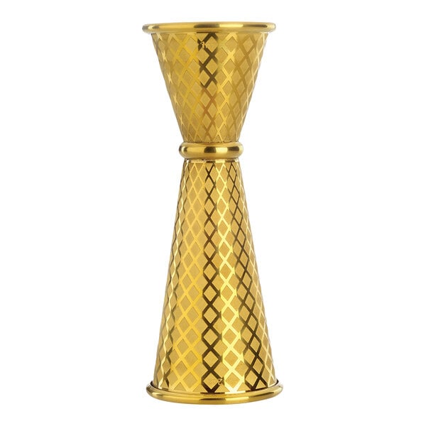 A gold metal Barfly jigger with a diamond lattice pattern.