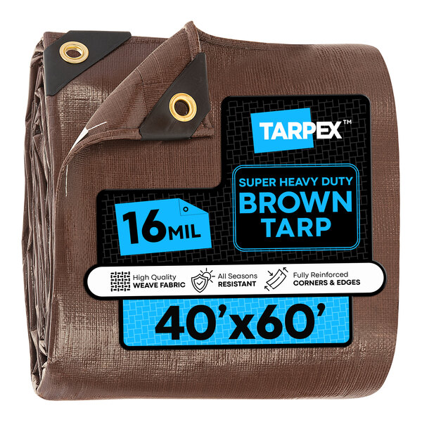 A large brown super heavy-duty polyethylene tarp measuring 40 feet by 60 feet with reinforced corners and edges.