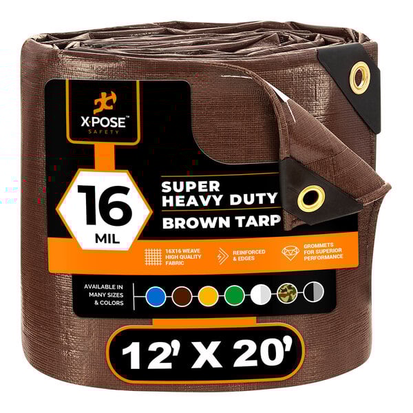A brown Xpose Safety super heavy-duty polyethylene tarp wrapped in plastic with a black and white label.
