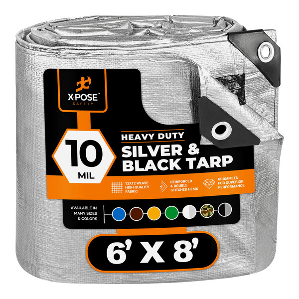 A roll of silver and black Xpose Safety heavy-duty weatherproof tarp.