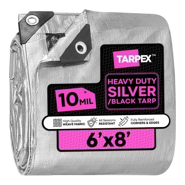 A folded 6-foot by 8-foot heavy-duty silver and black polyethylene tarp labeled as weatherproof and 10 mil thick.