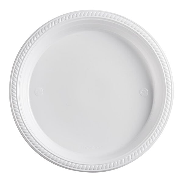 A close-up of a white Choice plastic plate with a braided edge.