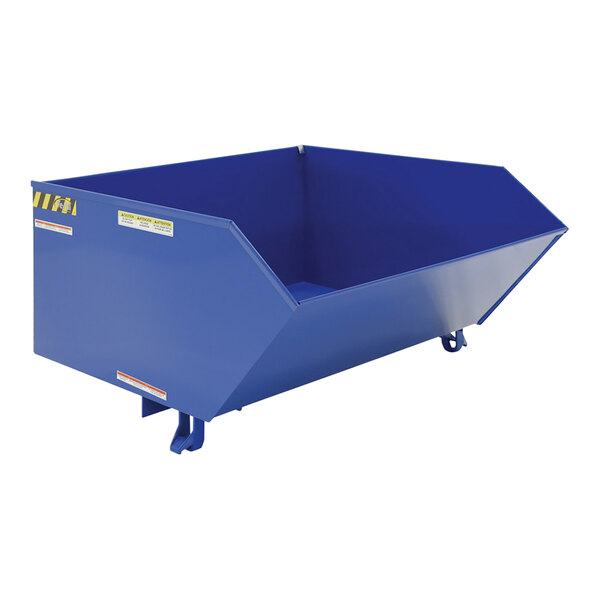 A blue metal container with wheels.