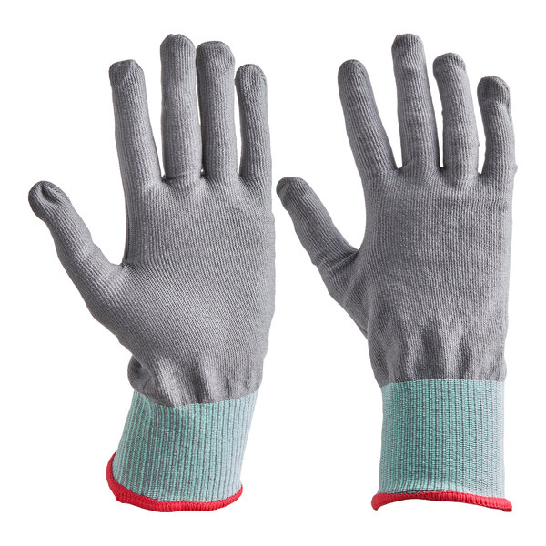 A pair of gray cut-resistant, food-safe gloves with light blue cuffs and red trim, size extra large.