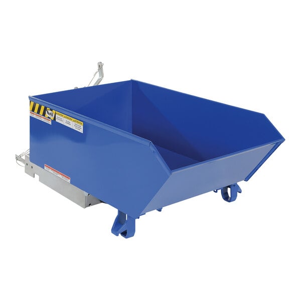 A blue metal self-dumping hopper with wheels.