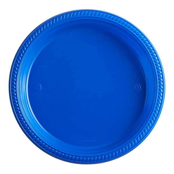 A blue plastic plate with a white background.
