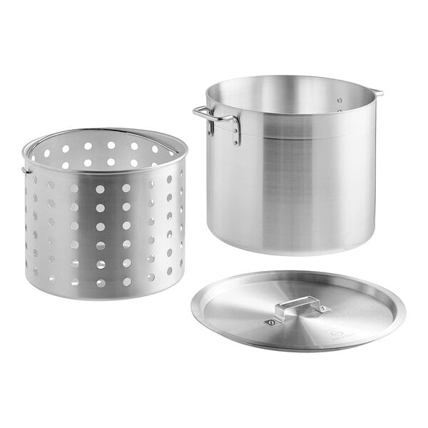 A silver aluminum stock pot with a lid and strainer basket.