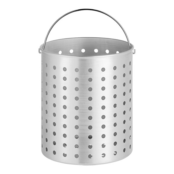 A silver metal container with holes for steaming.