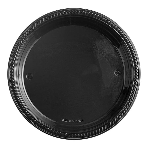 A Choice black plastic plate with a braided edge.