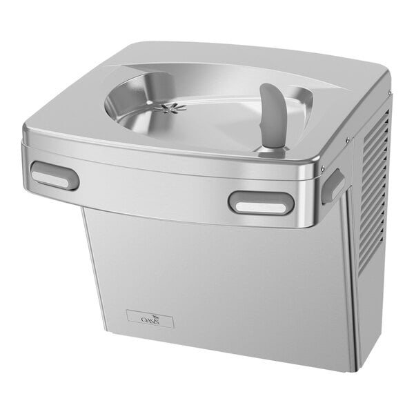 A stainless steel Oasis Versacooler drinking fountain with a lid.