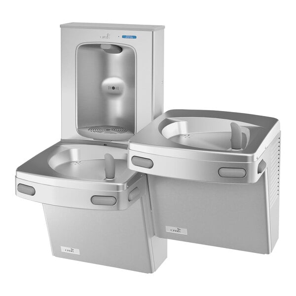 A close-up of a Oasis greystone bi-level drinking fountain with contactless bottle filler.