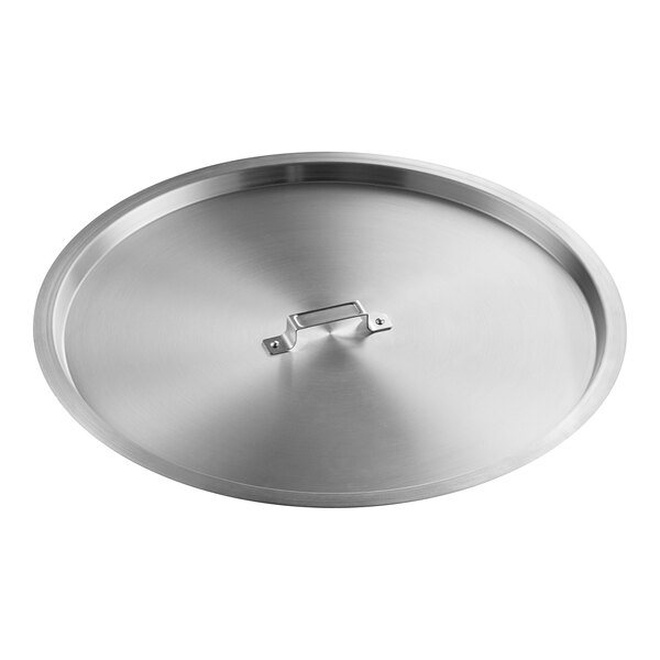 A silver aluminum lid for a stock pot with a metal handle.