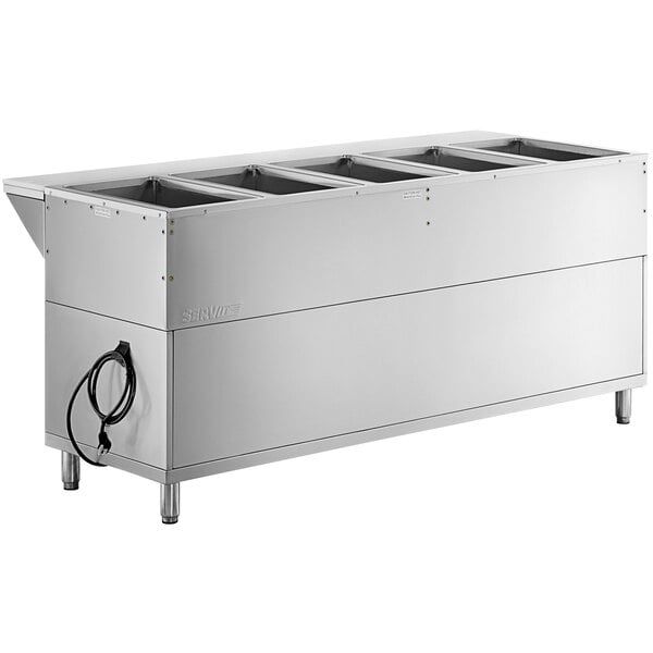 A ServIt stainless steel electric steam table with three trays on a counter.