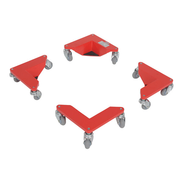 A red metal frame with four red corner mover dollies attached to it.