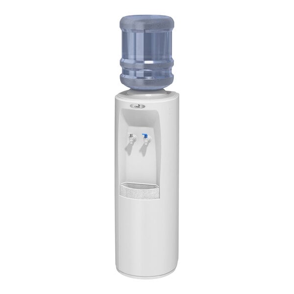 A white Oasis water cooler with a blue container and lid.