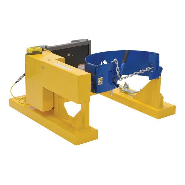 A yellow and blue Vestil steel drum rotator with a chain.