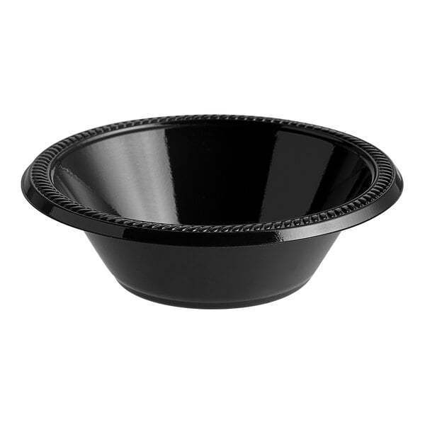 A close-up of a black Choice plastic bowl with a beaded rim.