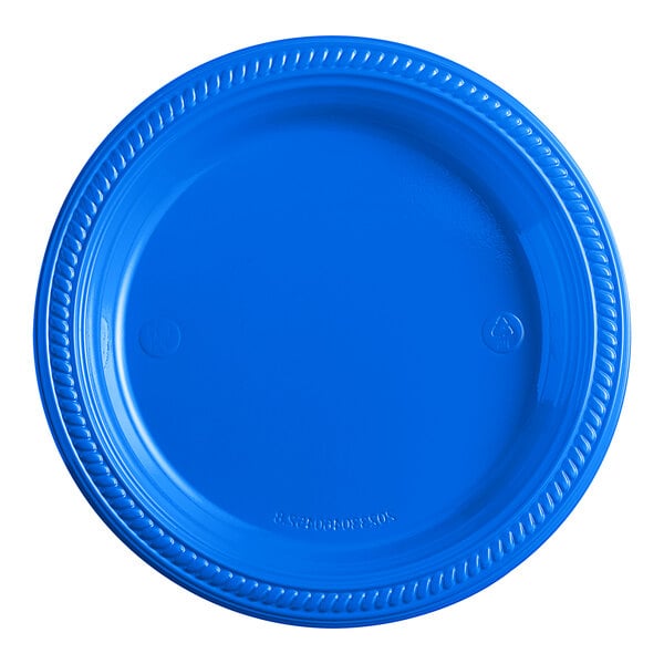 A close-up of a blue plastic Choice plate with a white background.
