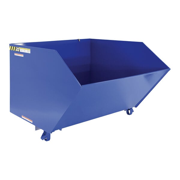 A blue metal Vestil self-dumping hopper on wheels.