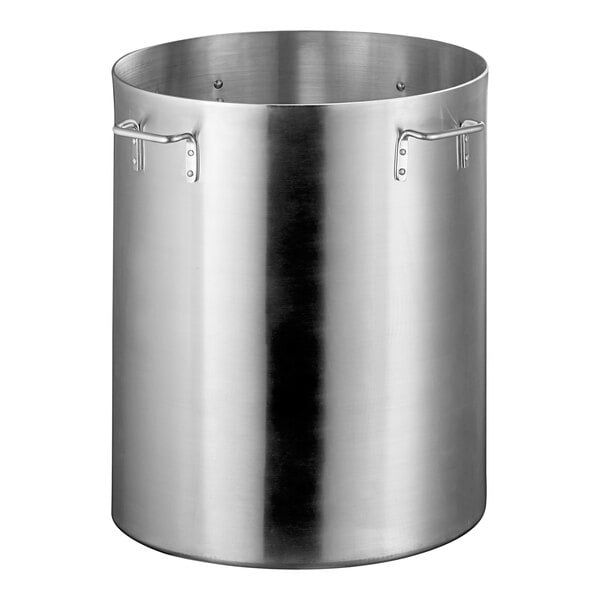 A silver aluminum stock pot with handles.