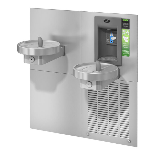A stainless steel Oasis water fountain with two drinking fountains.