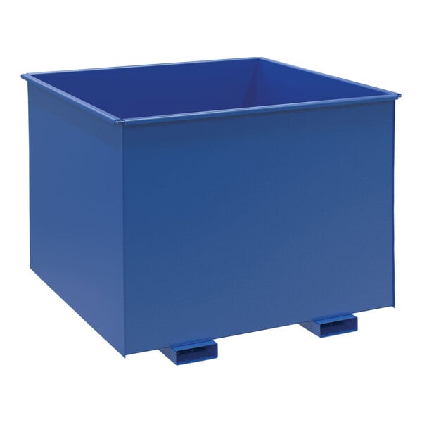 A blue Vestil steel rotator box hopper.