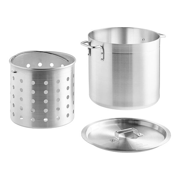 A standard weight aluminum stock pot with a lid and strainer.