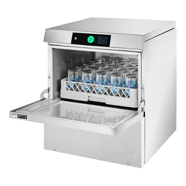 A Hobart LXGnR-4 glass washer on a school kitchen counter with bottles inside.