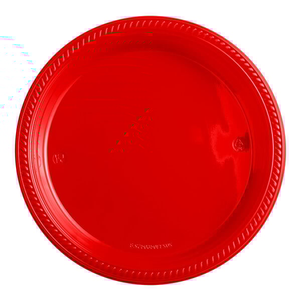 A red plastic Choice 9" plastic plate.