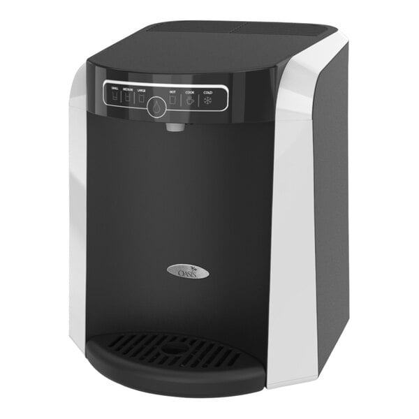 A black and white Oasis Aquarius countertop water cooler.