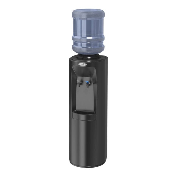 A black Oasis water cooler with blue and white faucets and a clear container.