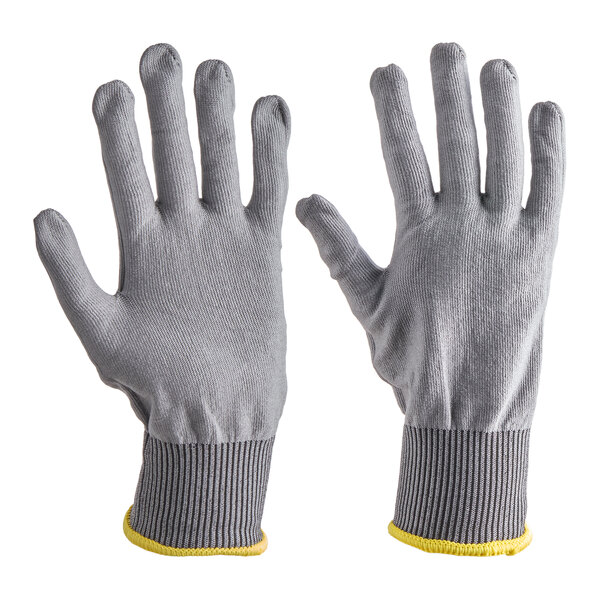 A pair of gray cut-resistant gloves with ribbed cuffs and yellow trim, designed for food-safe use.