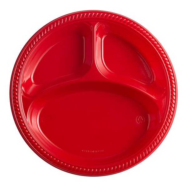 A Choice red plastic plate with three compartments.