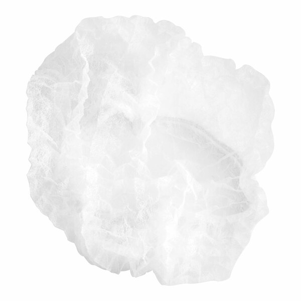 A close-up of a white polypropylene bouffant cap with ruffled edges.
