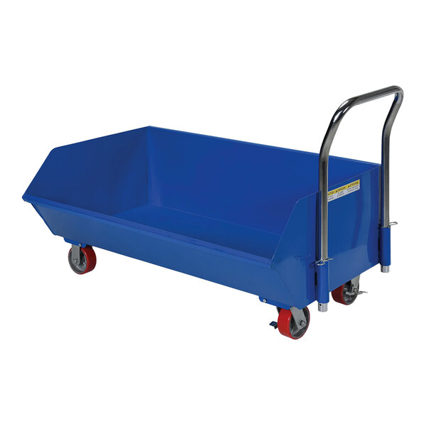 A blue Vestil low-profile steel hopper cart with red and blue casters.