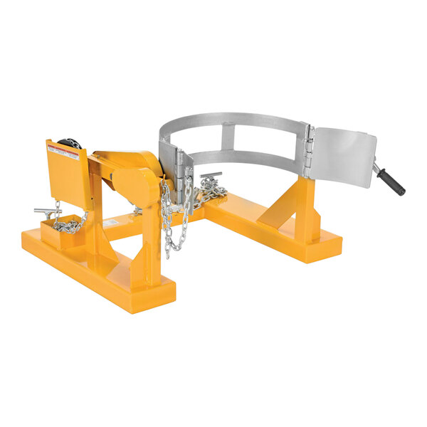 A yellow and silver metal Vestil drum rotator with chains.