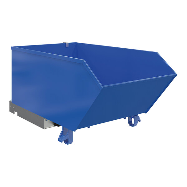 A blue steel container with wheels.