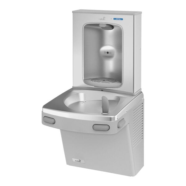 An Oasis Versacooler drinking fountain with a silver surface.