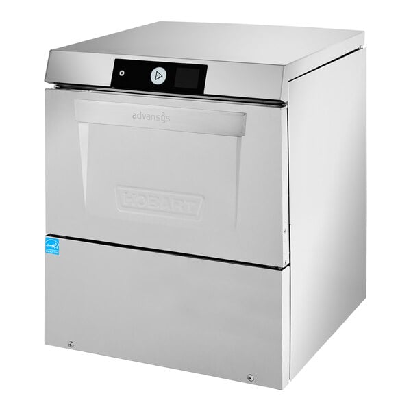 A stainless steel Hobart LXGnPR-3 glass washer with a silver front and a button.