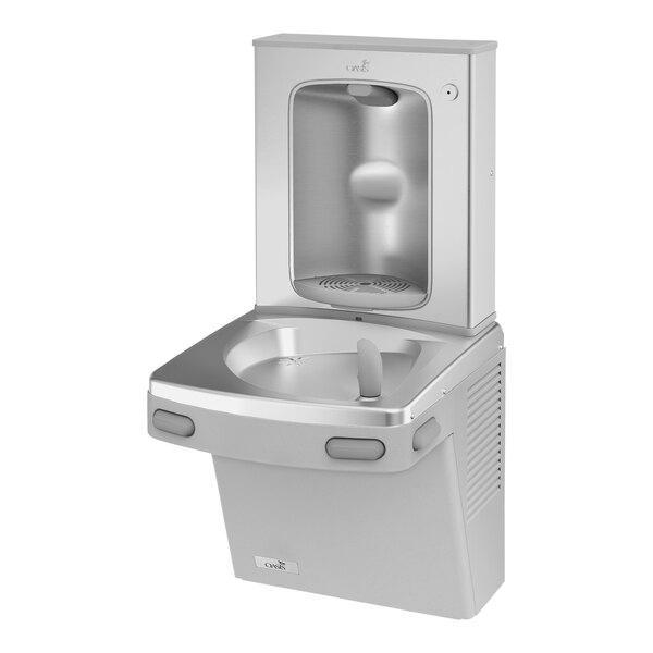 A greystone and stainless steel Oasis Versacooler II water fountain with a contactless bottle filler.