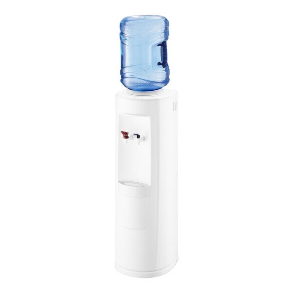 A white Oasis water cooler with a blue and white lid on top.