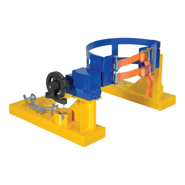 A blue and yellow Vestil steel fork truck drum carrier and rotator.