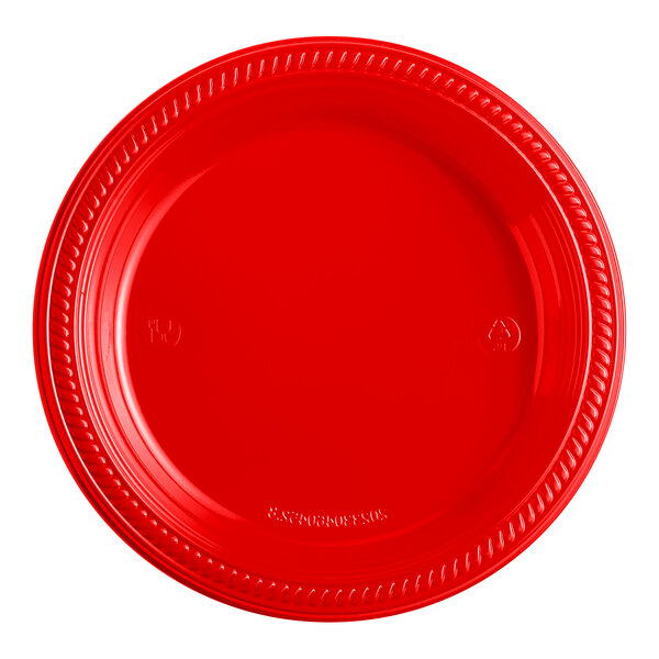 A red circular Choice plastic plate with a braid design.