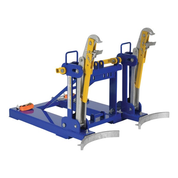 A blue and yellow metal machine with yellow hydraulic lifting forks.