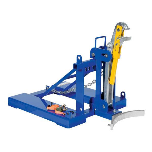 A blue and yellow metal drum lifter with a chain attached.