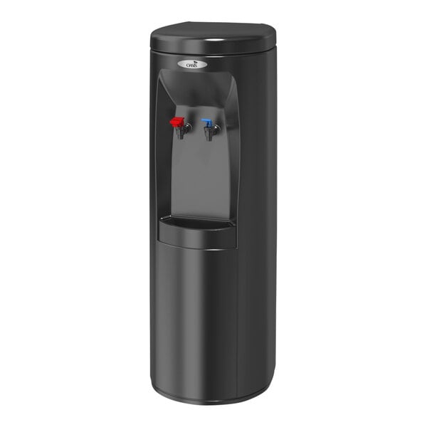 A black Oasis Atlantis water cooler with red and blue handles.